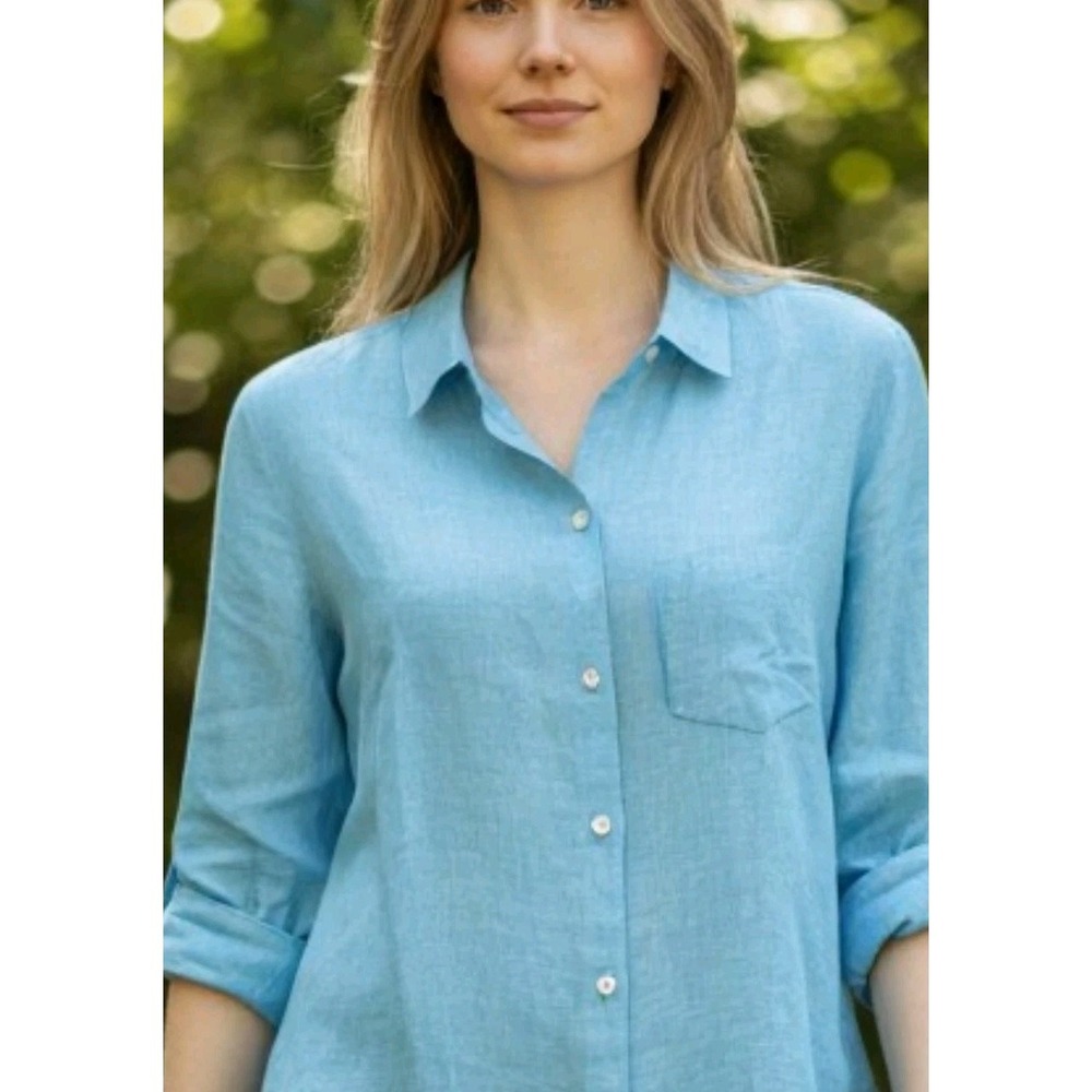 NWT Untuckit Women's Linen Button Up Classic Blush Aqua Shirt Long Sleeve Size 2